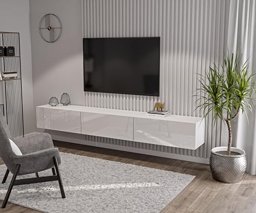 HAJDUK FURNITURE Weiß TV Lowboard 270 cm Hängeschrank für Wohnwand Fernsehtisch Hochglanz Front MDF Fernsehschrank Kabelöffnung Push-to-Open von HAJDUK FURNITURE