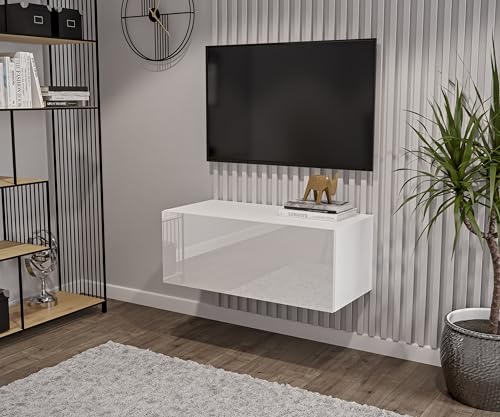 HAJDUK FURNITURE Weiß TV Lowboard 90 cm Hängeschrank für Wohnwand Fernsehtisch Hochglanz Front MDF Fernsehschrank Kabelöffnung Push-to-Open von HAJDUK FURNITURE