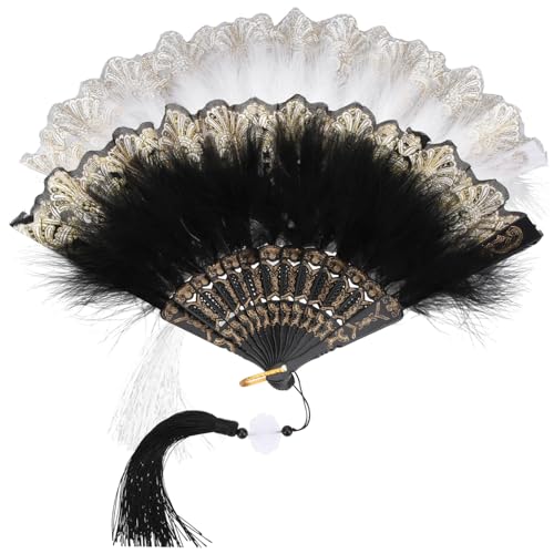 HAKIDZEL 2 Stück Teiliges Vintage Chinesische Federfächer Handfächer mit Stickerei Eleganter Brautfächer für Tanz Hochzeit Party und Performance Einzigartiger Federschmuck in Schwarz und von HAKIDZEL