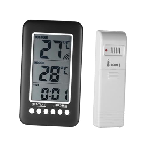 HAKIDZEL Digitales Kabelloses Thermometer für Innen und Außen mit Großem Lcd-display Temperatur Uhrzeitanzeige Kabelloser Sensor bis Reichweite für Haushalt Kühlschrank und Gefrierschrank von HAKIDZEL