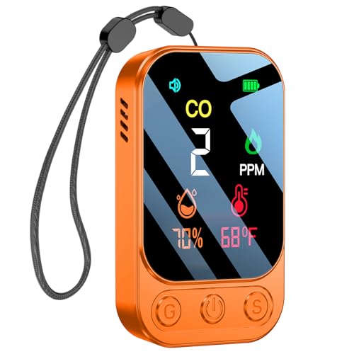 HAKINAKU Tragbarer CO-Melder Kohlenmonoxidmelder, Mobiler CO-Warner Kohlenmonoxid Warnmelder, CO-Messgerät CO-Messer mit Temperatur- & Luftfeuchtigkeitsanzeige, für Reise Camping, HD09-Orange von HAKINAKU