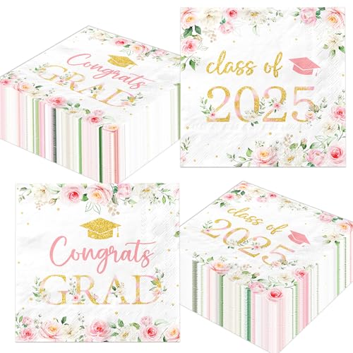 Party-Servietten mit Aufschrift "Congrats Grad", Blumenmotiv, für Abschlussfeier, Party, Schulabschluss, Rosa, Klasse 2025, Papierservietten für Hochschule, Abschluss, Partyzubehör, 50 Stück Party-Servietten mit Aufschrift "Congrats Grad", Blumenmotiv, für Abschlussfeier, Party, Schulabschluss, Rosa, Klasse 2025, Papierservietten für Hochschule, Abschluss, Partyzubehör, 50 Stück von HAKOTI