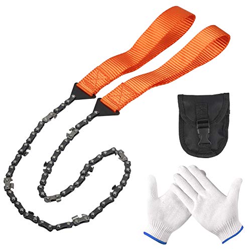 HAKOTOM 3Tlg Hand Kettensäge Handkettensäge aus Carbonstahl zum Sägen von Ästen Bäumen Survival Ausrüstung Astsäge 1M Premium Baumsäge mit Gürteltasche Nylonhandschuhe für Outdoor Camping Zubehör von HAKOTOM