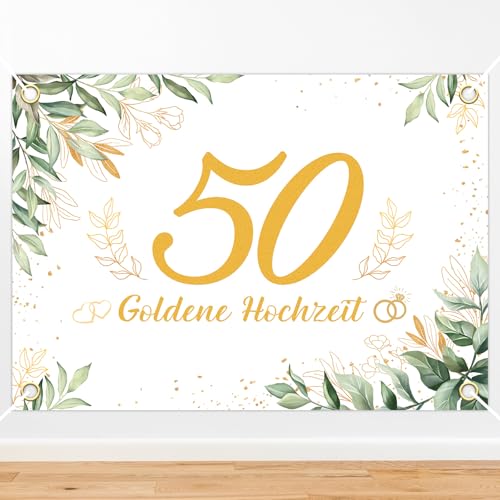 HAKOTOM Goldene Hochzeit Hintergrund 170x120cm 50. Hochzeitstag Banner 50 Jubiläum Hochzeit Deko Grünes Blatt Hochzeitsbanner 50 Jahrestag Hochzeitdeko für Drinnen Draußen Paare Feier von HAKOTOM