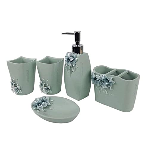 Badezimmer Set Badezimmer Zubehör Set Badezimmer-Accessoires-Set, 5-teiliges Bad-Ensemble, Inklusive Seifenspender, Zahnbürstenhalter, Zahnbecher, Seifenschale, Grün Badzubehör Set von HALAHAI