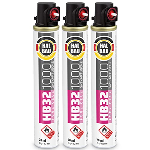 3 Stk. Gaskartusche 152mm, Ersatzgas für gasbetriebene Setzgeräte, Fuel Cell, Gaspatrone für Gasnagler HB32 von HALBAU