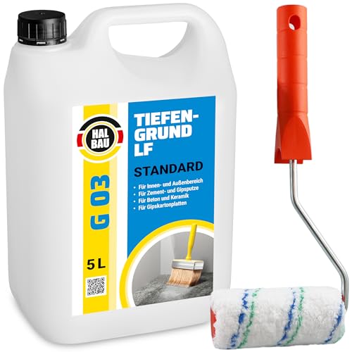 HALBAU Tiefengrund 5 L, Grundierungsmittel Innen Aussen, Grundierung für Putz, Farben, Tapeten + Farbroller 10cm mit Bügel Set G03 von HALBAU