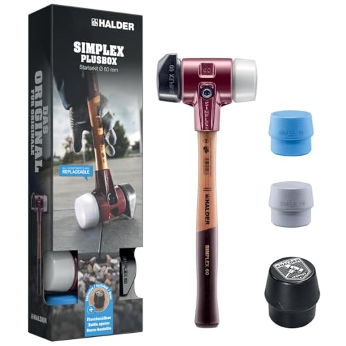 HALDER-Plusbox Starterkit, SIMPLEX-Schonhammer D60, Gummikomposition mit Standfuß/Superplastik sowie je ein TPE-soft und TPE-mid Schlageinsatz plus Flaschenöffner | 3027s026 von HALDER
