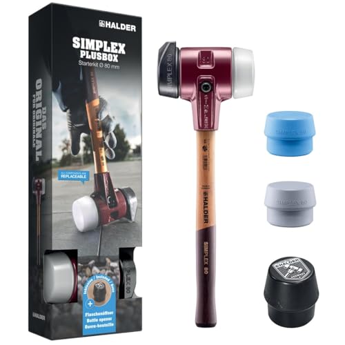 HALDER-Plusbox Starterkit, SIMPLEX-Schonhammer D80, Gummikomposition mit Standfuß/Superplastik sowie je ein TPE-soft und TPE-mid Schlageinsatz plus Flaschenöffner | 3027s025 von HALDER