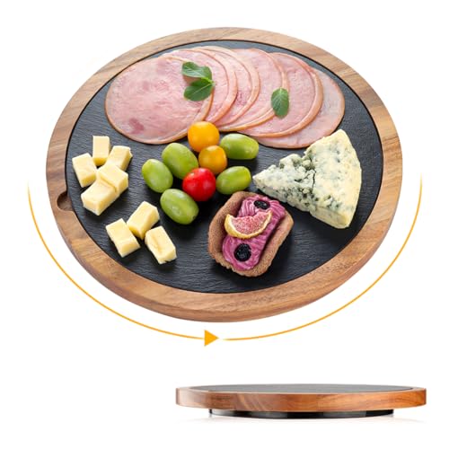 HALE OTEIR 360° Drehbare Akazienholz Servierplatte mit Schieferplatte | Rustikale Käseplatte, Steakbrett, Grillplatte & Sushi-Brett | Ideal für Fleisch, Käse, Tapas & Grillabende von HALE OTEIR