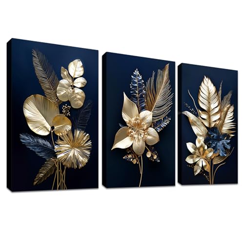 3 Panels 3D Marineblaue Goldblumen Mit Rahmen Leinwand Bilder Monstera Kokosnuss Blätter Bild auf Leinwand Malerei Poster Wandbilder Wohnzimmer Schlafzimmer Badezimmer Wanddeko 120x60cm (16"x24"x3pcs) von HALFLEMART