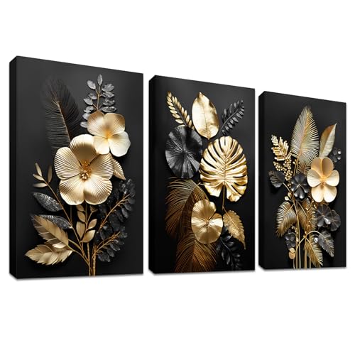 3 Panels 3D Schwarz Gold Blumen Mit Rahmen Leinwand Bilder Monstera Kokosnuss Blätter Bild auf Leinwand Malerei Poster Wandbilder Wohnzimmer Schlafzimmer Badezimmer Wanddeko 120x60cm (16"x24"x3pcs) von HALFLEMART