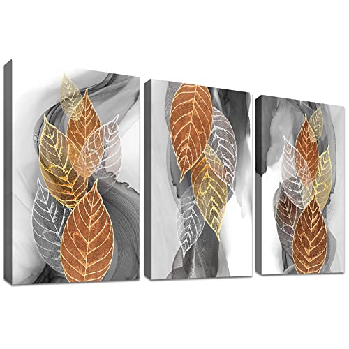 3 Panels Mit Rahmen Abstrakte Blätter Leinwand Bilder Graue Weiße Botanische Bild auf Leinwand Malerei Poster Wandbilder Wohnzimmer Schlafzimmer Wanddeko Bereit zum Aufhängen 150x70cm (20"x28"x3pcs) von HALFLEMART