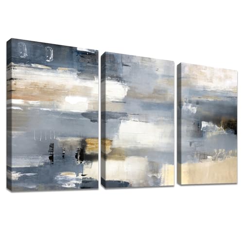 3 Panels Abstrakte Grau Gelb Mit Rahmen Leinwand Bilder Wandbilder Bild auf Leinwand Malerei Poster Heimbüro Wohnzimmer Schlafzimmer Badezimmer Wanddeko Bereit zum Aufhängen 120x60cm (16"x24"x3pcs) von HALFLEMART