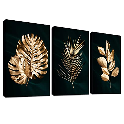 3 Panels Mit Rahmen Leinwand Bilder Schwarz Gold Palmblätter bild auf leinwand Malerei Poster Wandbilder Wanddeko Wohnzimmer Schlafzimmer Dekorationen Bereit zum Aufhängen 120x60cm (16"x24"x3pcs) von HALFLEMART