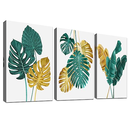 3 Panels Mit Rahmen Grüne goldene Blätter Leinwand Bilder Tropische Monstera Palmblätter Leinwand Malerei Wandbilder Schlafzimmer Wanddekoration Wohnzimmer Bereit zum Aufhängen 150x70cm (20"x28"x3pcs) von HALFLEMART