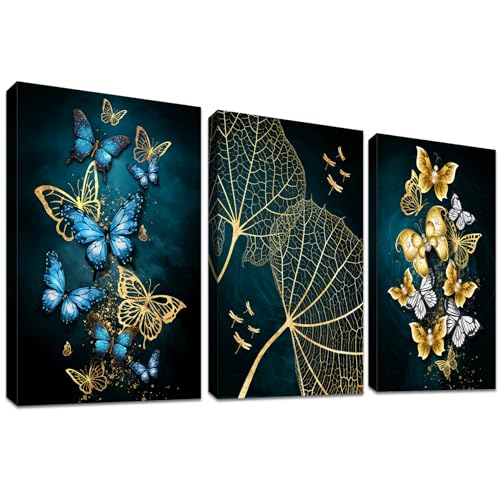 3 Panels Mit Rahmen Leinwand Bilder Blau Goldener Schmetterling Bild auf Leinwand Malerei Poster Wandbilder Wanddeko Wohnzimmer Schlafzimmer Dekorationen Bereit zum Aufhängen 150x70cm (20"x28"x3pcs) von HALFLEMART