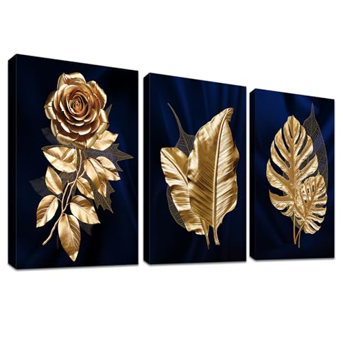 3 Panels Mit Rahmen Leinwand Bilder Goldene Rosen Blätter Bild auf Leinwand Malerei Poster Wandbilder Wanddeko Wohnzimmer Schlafzimmer Dekorationen Bereit zum Aufhängen 120x60cm (16"x24"x3pcs) von HALFLEMART