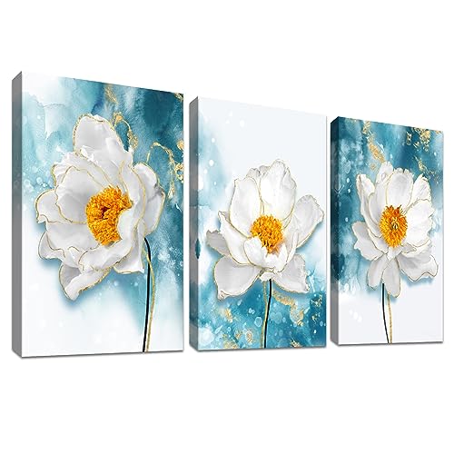 3 Panels Mit Rahmen Leinwand Bilder Leinwand Malerei Poster Weiße Pfingstrosen Blumen Bild auf Leinwand Wandbilder Wohnzimmer Schlafzimmer Wanddekoration Bereit zum Aufhängen 120x60cm (16"x24"x3pcs) von HALFLEMART