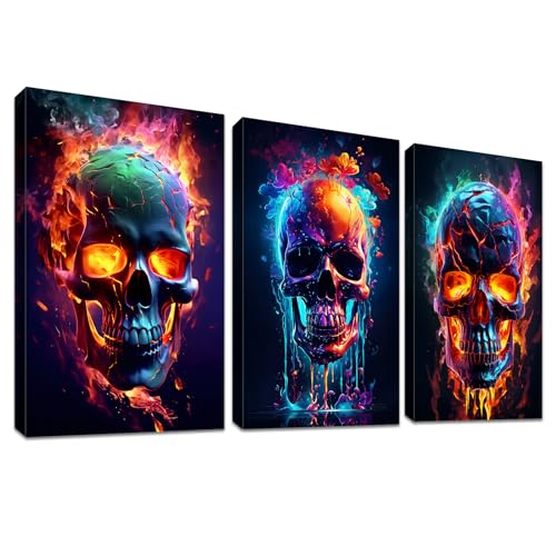 3 Panels Neon Flammender Schädel Mit Rahmen Leinwand Bilder Blumen Totenkopf Bild auf Leinwand Malerei Poster Wandbilder Wanddeko Wohnzimmer Schlafzimmer Dekorationen 150x70cm (20"x28"x3pcs) von HALFLEMART
