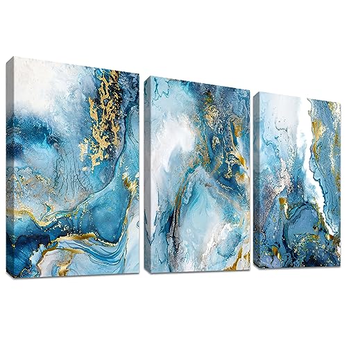 3 Pcs Goldener Blauer Ozean Nordischer Marmor Mit Rahmen Leinwand Bilder Leinwand Malerei Poster Abstrakt Bild auf Leinwand Wandbilder Wohnzimmer Schlafzimmer Wanddekoration 150x70cm (20"x28"x3pcs) von HALFLEMART