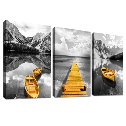 3 Pcs Grau Gold Boot Mit Rahmen Leinwand Bilder Berge und Seepanorama Bild auf Leinwand Malerei Poster Wandbilder Speisesaal Wohnzimmer Schlafzimmer Wanddekoration 120x60cm (16"x24"x3pcs) von HALFLEMART