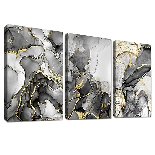 3 Pcs Grau Gold Marmor Mit Rahmen Leinwand Bilder Poster Pictures Abstrakt Bild auf Leinwand Modern Wandbilder Wohnzimmer Schlafzimmer Wanddekoration Bereit zum Aufhängen 120x60cm (16"x24"x3pcs) von HALFLEMART