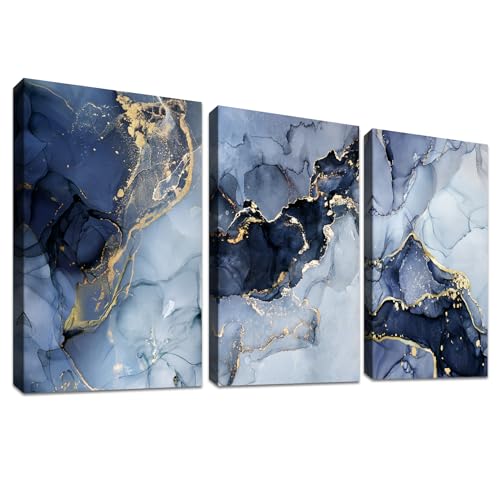 3 Pcs Marineblau Weiß Gold Marmor Mit Rahmen Leinwand Bilder Leinwand Malerei Abstrakt Bild auf Leinwand Wandbilder Wohnzimmer Schlafzimmer Wanddekoration Bereit zum Aufhängen 120x60cm (16"x24"x3pcs) von HALFLEMART