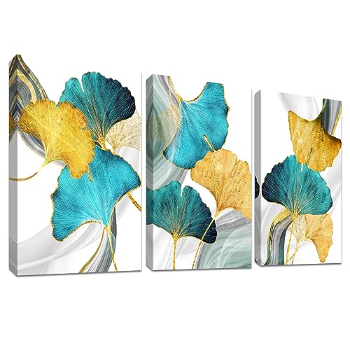 3 Pcs Mit Rahmen Leinwand Bilder Leinwand Malerei Poster Goldene Ginkgo Biloba Blätter Bild auf Leinwand Wandbilder Wohnzimmer Schlafzimmer Wanddekoration Bereit zum Aufhängen 90x40cm (12"x16"x3pcs) von HALFLEMART