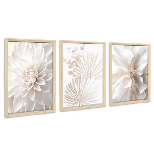 3 Pcs Weißer Lotus Pfingstrose Palmblätter Leinwand Bilder Mit Rahmen Malerei Poster Minimalistische Blume Bild Wandbilder Wohnzimmer Schlafzimmer Wanddeko 90x40cm (12"x16"x3pcs) (Kein Plexiglas) von HALFLEMART