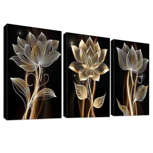 3Pcs Abstract Brown Flowers Mit Rahmen Leinwand Bilder Minimalismus Schwarz Gold Blumen Floral Bild auf Leinwand Malerei Kunstdruck Wandbilder Wohnzimmer Schlafzimmer Wanddeko 120x60cm (16"x24"x3pcs) von HALFLEMART