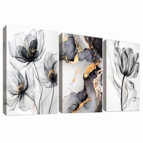3Pcs Aquarell Mohnblumen Mit Rahmen Leinwand Bilder Marmor Schwarz Asche Gold Abstrakt Bild auf Leinwand Malerei Wandbilder Zuhause Wohnzimmer Schlafzimmer Badezimmer Wanddeko 150x70cm (20"x28"x3) von HALFLEMART