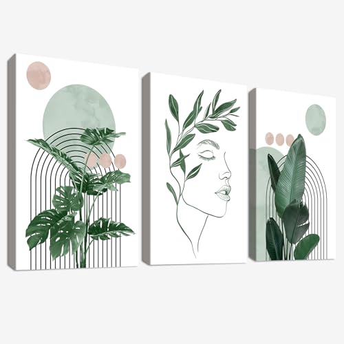 3Pcs Bohème Poster Satz Mit Rahmen Leinwand Bilder Frau Gesicht Ästhetische Grüne Pflanze Bild auf Leinwand Malerei Wandbilder Wohnzimmer Schlafzimmer Badezimmer Wanddeko 120x60cm (16"x24"x3) von HALFLEMART