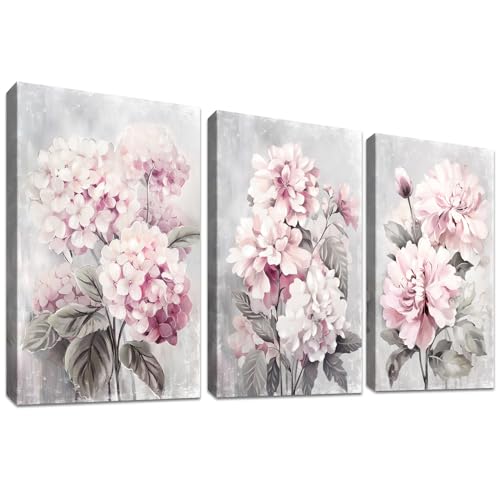 3Pcs Grau Rosa Hortensien Blumen Mit Rahmen Leinwand Bilder Pfingstrose Blumen Blüte Bild auf Leinwand Malerei Poster Wandbilder Wanddeko Wohnzimmer Schlafzimmer Dekorationen 120x60cm (16"x24"x3pcs) von HALFLEMART