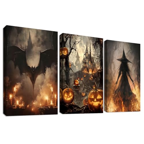 3Pcs Halloween Kürbisse Gruseliges Schloss Leinwand Bilder Set Mit Rahmen Schwarze Fledermaus Hexe im Feuer Bild auf Leinwand Malerei Wandbilder Wohnzimmer Schlafzimmer Badezimmer Wanddeko 30x40cm x3 von HALFLEMART