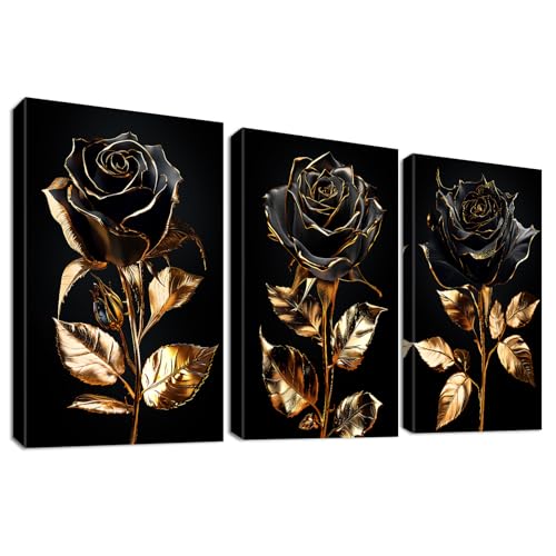 3Pcs Schwarzgoldene Rose Leinwand Bilder Set Mit Rahmen Vintage Schwarze Rosen Goldene Blätter Bilder auf Leinwandbilder Malerei Wandbilder Wohnzimmer Schlafzimmer Badezimmer Wanddeko 50x70cm x3pcs 3Pcs Schwarzgoldene Rose Leinwand Bilder Set Mit Rahmen Vintage Schwarze Rosen Goldene Blätter Bilder auf Leinwandbilder Malerei Wandbilder Wohnzimmer Schlafzimmer Badezimmer Wanddeko 50x70cm x3pcs von HALFLEMART