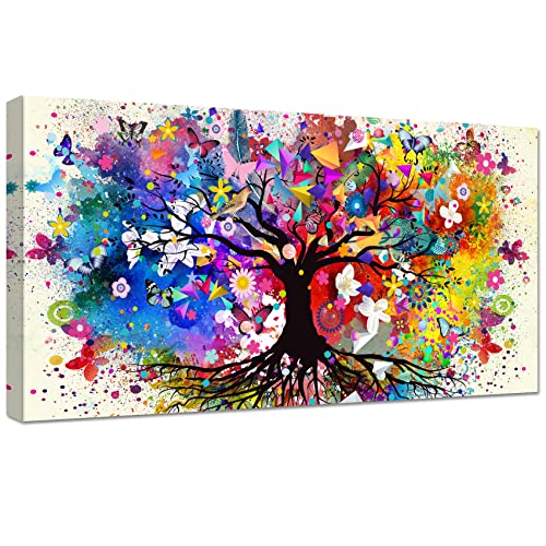 Baum des Lebens Mit Rahmen Leinwand Bilder Schmetterling Blumen Vögel Wandkunst Leinwand Malerei Poster Foto Bild Abstraktes Wandbilder Heimbüro Wohnzimmer Dekorationen Bereit zum Aufhängen 50x100cm von HALFLEMART