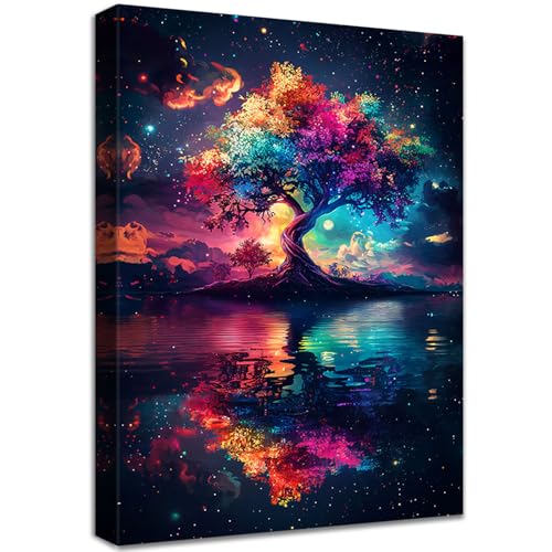 Bunter Lebensbaum Leinwand Bilder Mit Rahmen Blau Rot Baum Sternennacht Szene Wandbilder Wandkunst Kosmischer Baum Bild auf Leinwand Malerei Korridor Schlafzimmer Badezimmer Wanddekor 40x60cm von HALFLEMART