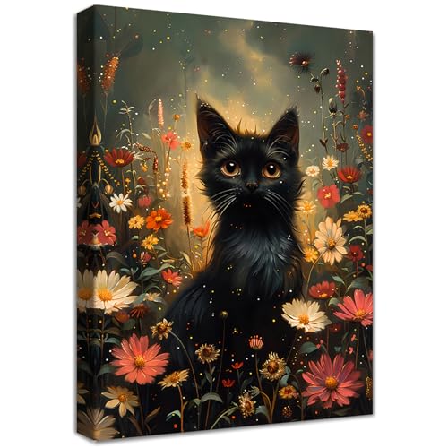 Katze im Garten Blumen Leinwand Bilder Mit Rahmen Schwarzes Kätzchen Bunte Blumen Bild auf Leinwand Malerei Pictures Wandbilder Wohnzimmer Schlafzimmer Badezimmer Halloween Wanddekoration 30x40cm von HALFLEMART