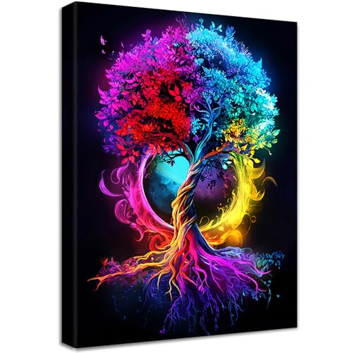 Leinwand Bilder Mit Rahmen Schwarz Braun Roter Blauer Gelber Baum des Lebens Wandbilder Wandkunst Abstrakter Glücksbaum Bild auf Leinwand Malerei Wohnzimmer Schlafzimmer Badezimmer Wanddekor 30x40cm von HALFLEMART