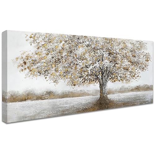 Mit Rahmen Leinwand Bilder Weiße Blume Goldene Blätter Baum Bild auf Leinwand Malerei Poster Foto Bild Wandbilder Heimbüro Wohnzimmer Schlafzimmer Wanddekoration Bereit zum Aufhängen 50x120cm von HALFLEMART