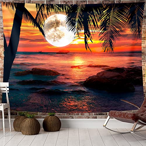 Ozean Strand Sonnenuntergang Wandteppich Psychedelic Wandteppiche Aesthetic Wandbehang Tagesdecke Wandtuch Picknick strandtuch stranddecke groß Für Schlafzimmer Wohnzimmer Wohnheim Wanddeko 150x130cm von HALFLEMART