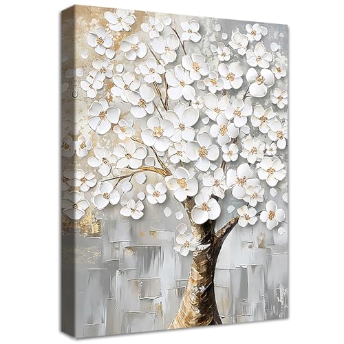 Weiße Blumen Baum Leinwand Bilder Mit Rahmen Abstrakter Blumenbaum des Lebens Wandbilder Wandkunst Bild auf Leinwand Malerei Kunstdrucke Wohnzimmer Korridor Schlafzimmer Badezimmer Wanddekor 30x40cm von HALFLEMART