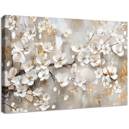 Weiße Blumen Große Leinwand Bilder Mit Rahmen Abstrakter Beige Floral Baum Bild auf Leinwand Malerei Abstraktes Poster Kunstdrucke Wandbilder Zuhause Wohnzimmer Schlafzimmer Wanddekor 120x80cm von HALFLEMART
