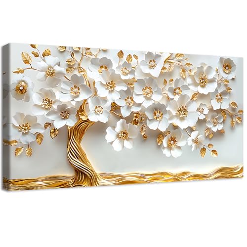 Weißes Gold Blume Leinwand Bilder Mit Rahmen Gemälde Lebensbaum Goldenen Blättern Bild Wandbilder Wandkunst Leinwand Malerei Poster Foto Bild Wandposter Wohnzimmer Schlafzimmer Dekorationen 50x100cm von HALFLEMART