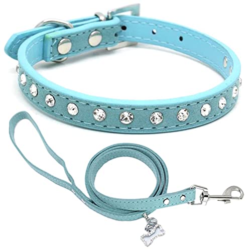 HALFSUMO Hundehalsband aus weichem Wildleder Funkelnd Hundehalsbänder mit Strasssteinen Besetzt für Haustiere Welpen Katzen Hunde Kombi-Set mit Leine Blau,XS CP077 von HALFSUMO