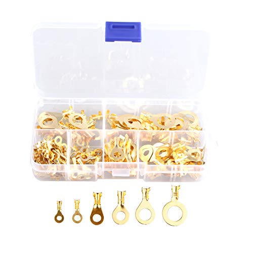 HALJIA 150 Stück verschiedene Messing-Ringkabelschuhe Ringösen Kupfer Crimpkabel Universalverbinder Drahtklemmen Professionell feuerfest OT Draht Crimpverbinder Sortiment M3 M4 M5 M6 M8 M10 Kit Gold von HALJIA