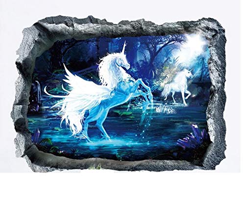 HALLOBO® Wandtattoo Blau Einhorn im Wald Wandaufkleber 3D Wandbild Wohnzimmer Schlafzimmer Deko Kinderzimmer Kinder Baby Mädchen Wand Dekor Home Decor von HALLOBO