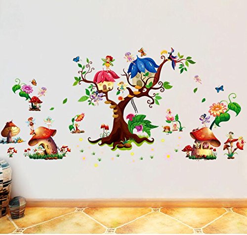 HALLOBO® Wandtattoo Pilz Haus Mushroom Fee Baum Wandsticker Aufkleber Babyzimmer Kinderzimmer Vögel Mädchen von HALLOBO