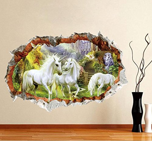 HALLOBO® Wandtattoo Wandaufkleber 3D Fenster Einhorn Wandbild Wohnzimmer Schlafzimmer Deko von HALLOBO